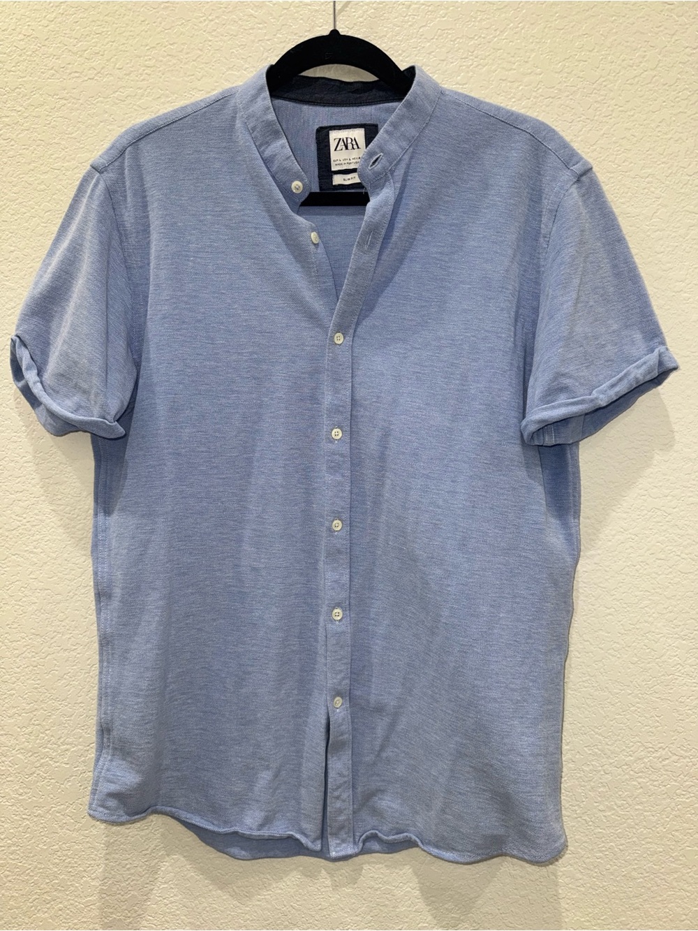 Zara Mens Slim Fit Button Front Shirt Large Blue Short Sleeve Casual Portugal